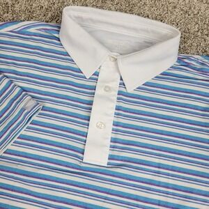 Straight Down Mens Large White Blue Red Striped Performance Stretch Golf Polo SS